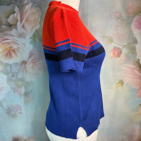 Vintage 90s Y2K Plugg Red & Blue Striped Ribbed Mock Neck Shirt - Picture 3 of 5